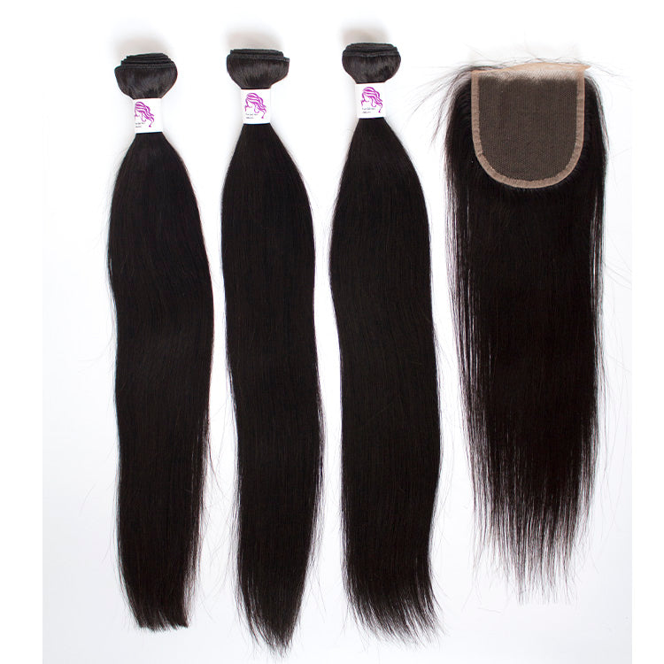 Straight Bundle Deal 3 Bundles With one 4*4 Closure 100% virgin Human Hair